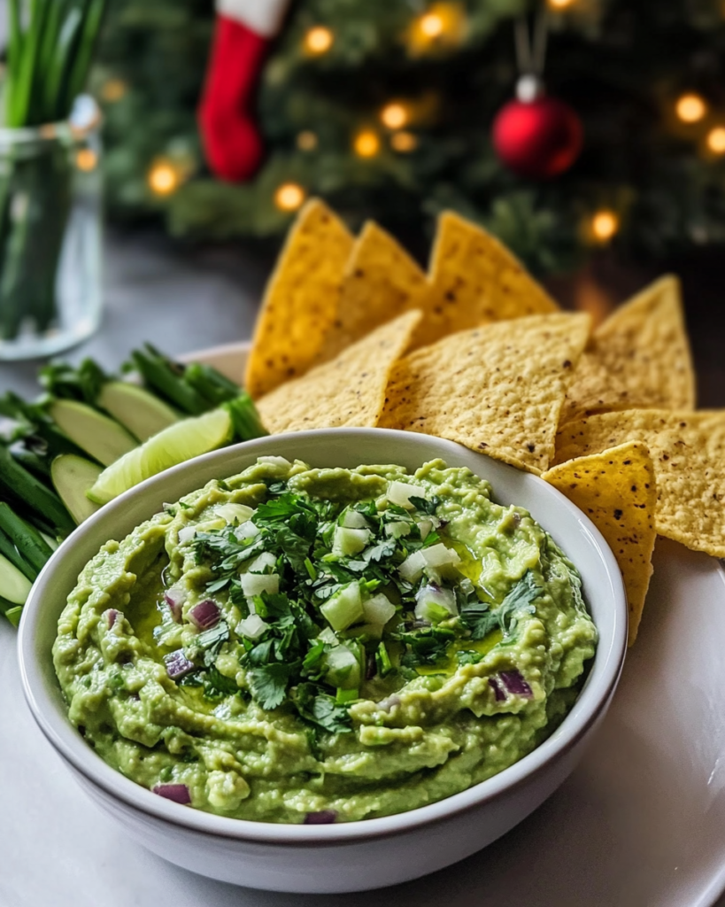 Green Goddess Guacamole served in a bowl with tortilla chips and fresh vegetable dippers.