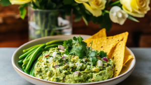 A vibrant green bowl of Green Goddess Guacamole, speckled with fresh herbs.