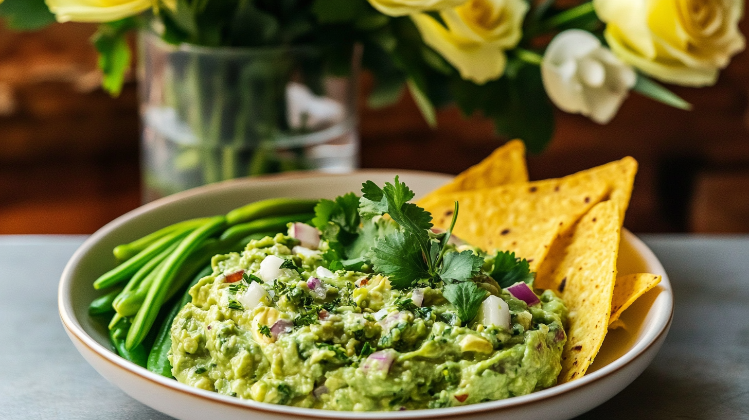 A vibrant green bowl of Green Goddess Guacamole, speckled with fresh herbs.