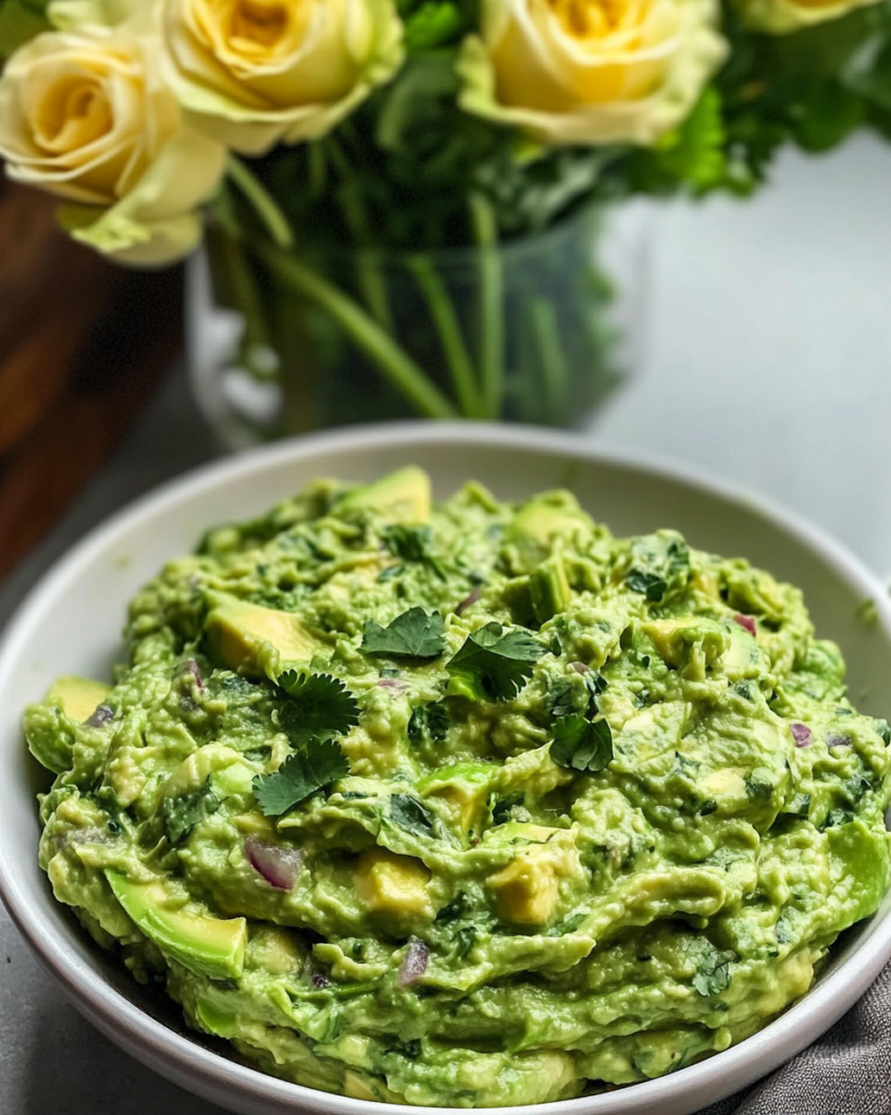  Ingredients for Green Goddess Guacamole, including avocados, Greek yogurt, lime, lemon, red onion, garlic, and fresh herbs (cilantro, basil, chives, tarragon).