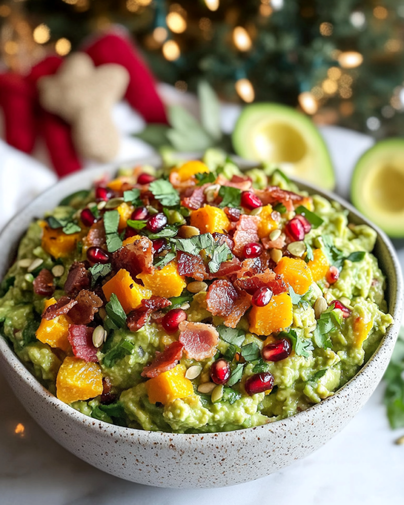 Ingredients for Loaded Guacamole, including avocados, butternut squash, bacon, sage, pomegranate seeds, pumpkin seeds, lime, and cilantro.