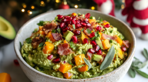 A vibrant bowl of Loaded Guacamole topped with roasted butternut squash, bacon, pomegranate seeds, pumpkin seeds, and crispy sage.