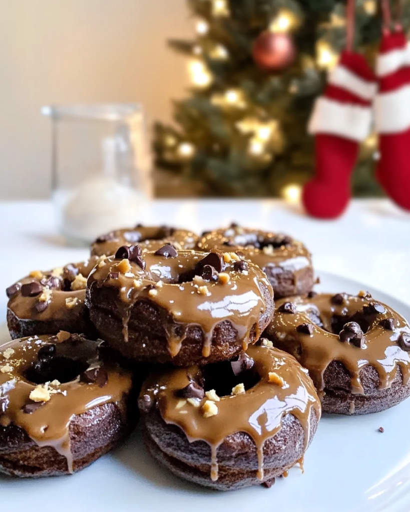 Ingredients for Chocolate Peanut Butter Donuts, including flour, cocoa, peanut butter, chocolate chips, eggs, and glaze components.