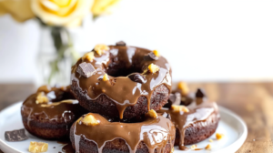 Baked Chocolate Peanut Butter Donuts with peanut butter glaze and chopped peanut butter cup topping.