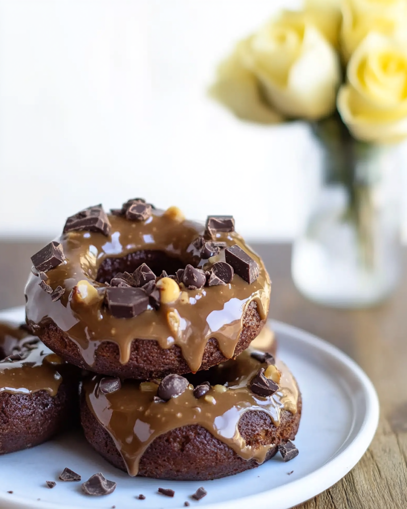 A stack of glazed Chocolate Peanut Butter Donuts ready to eat.