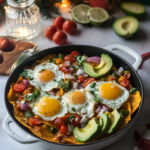 Layering fried tortilla chips, pumpkin chipotle sauce, and cheese in a skillet for Pumpkin Chipotle Chilaquiles.