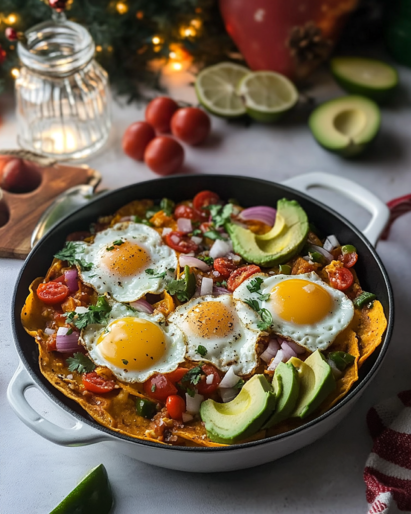 Layering fried tortilla chips, pumpkin chipotle sauce, and cheese in a skillet for Pumpkin Chipotle Chilaquiles.