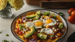 A skillet of bubbly, cheesy Pumpkin Chipotle Chilaquiles topped with fried eggs, avocado, cilantro, and other garnishes.