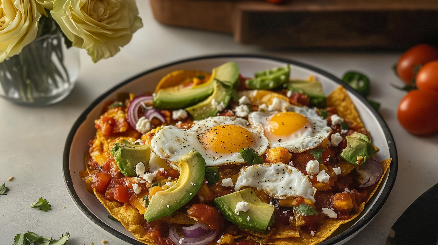 A skillet of bubbly, cheesy Pumpkin Chipotle Chilaquiles topped with fried eggs, avocado, cilantro, and other garnishes.