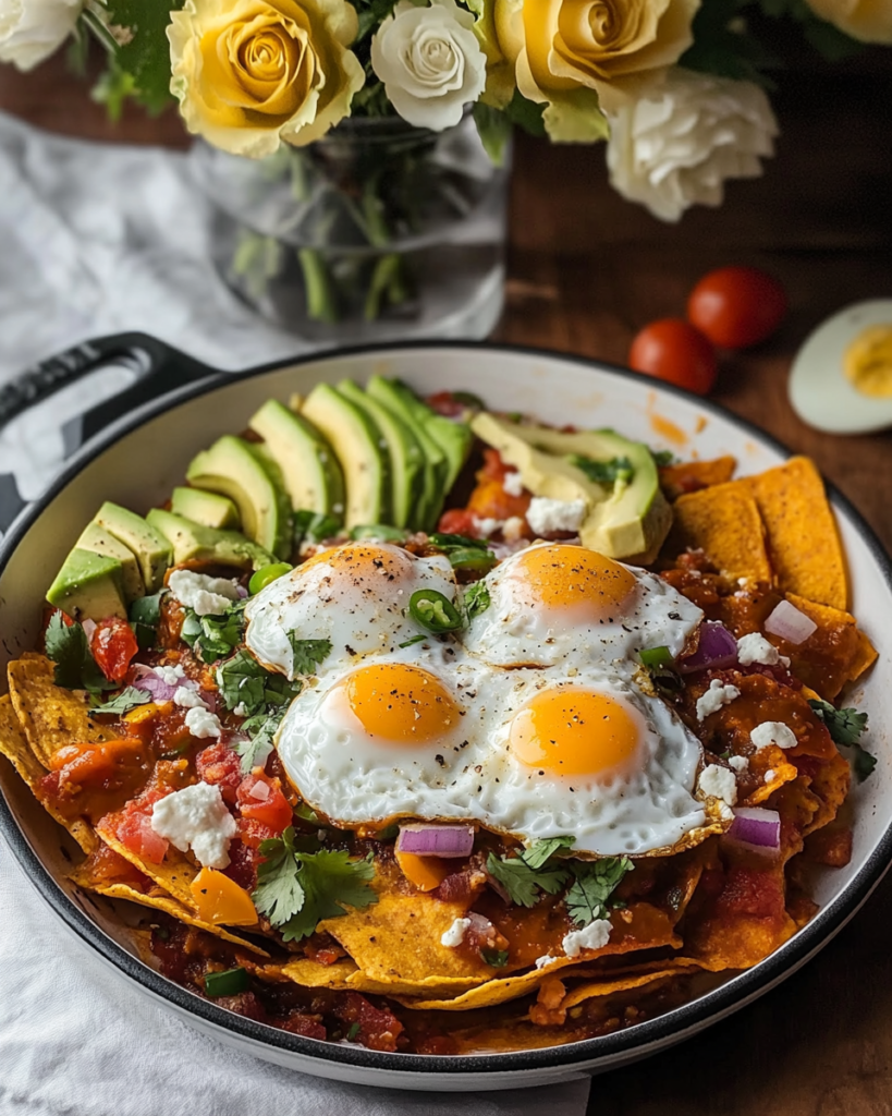 A serving of Pumpkin Chipotle Chilaquiles on a plate, showcasing the layers and toppings.
