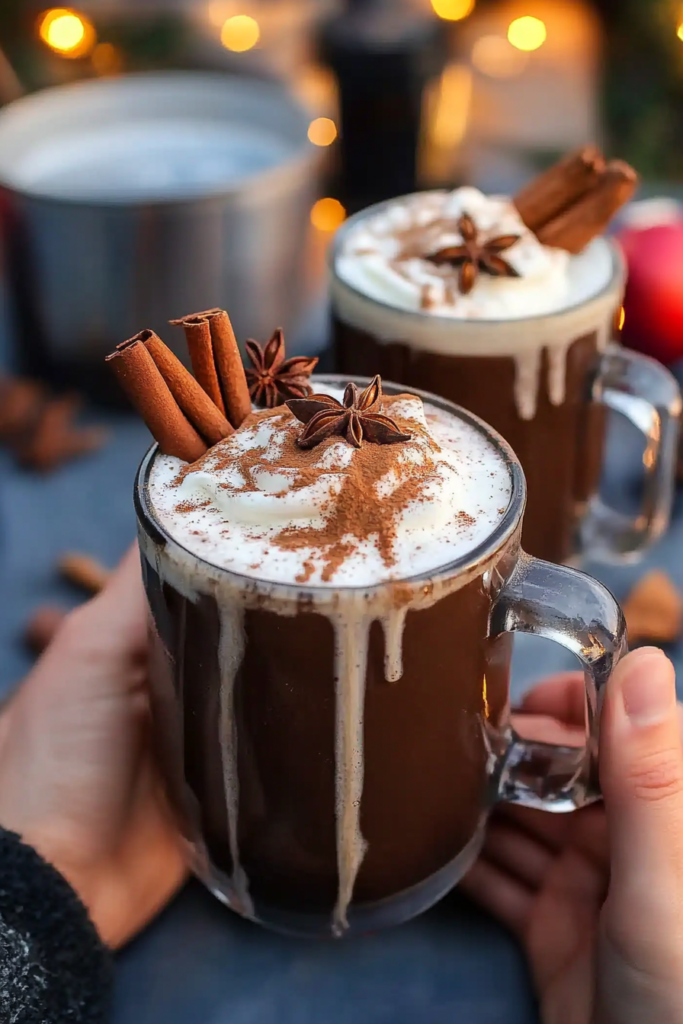 Pouring the finished Chai Hot Chocolate into mugs or someone sipping the cozy drink.