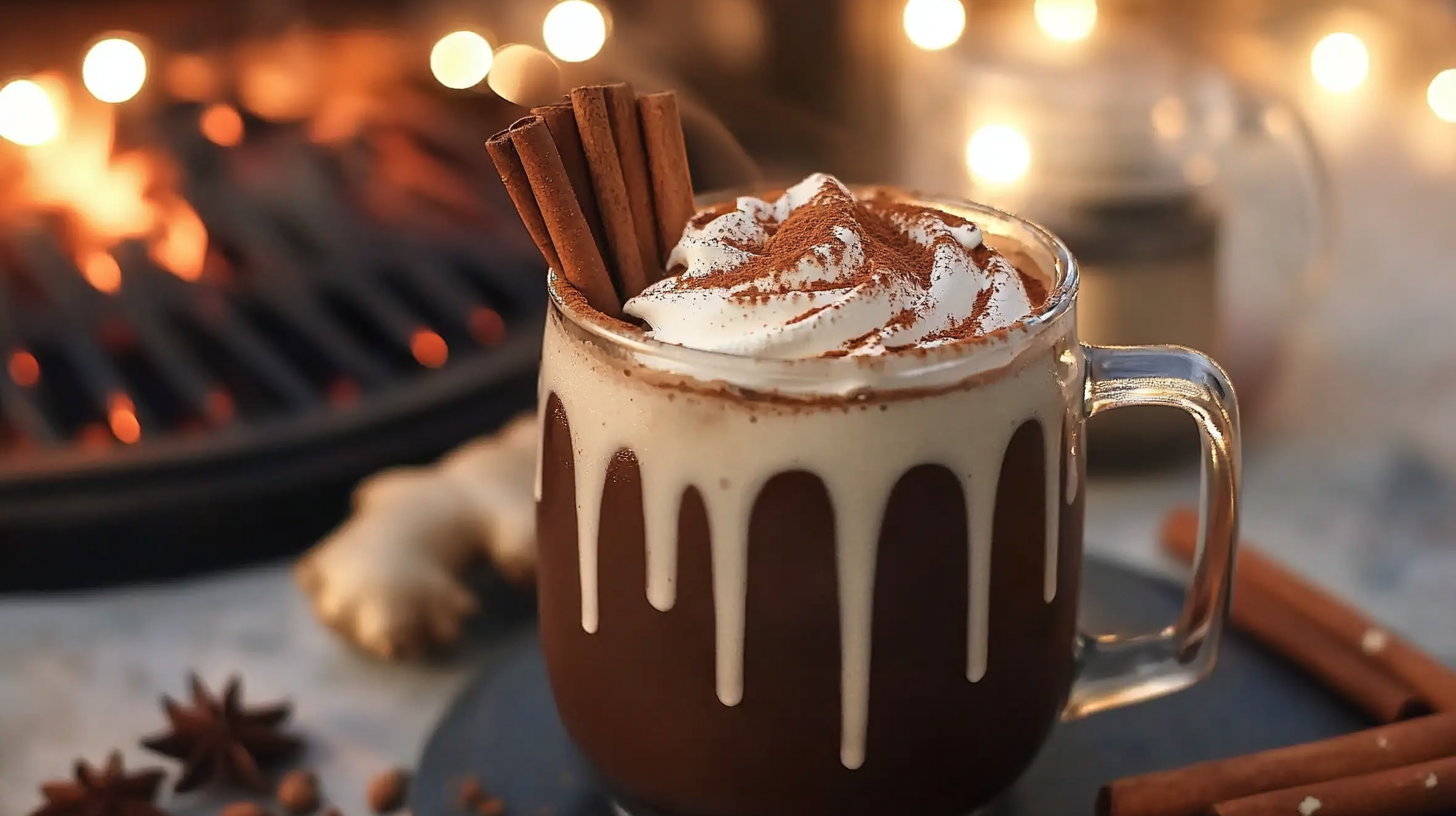 A cozy mug of dark Chai Hot Chocolate, topped generously with whipped cream and sprinkled with cinnamon/cardamom.