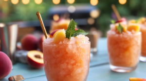 Fluffy, light pink Peach Rosé Granita scooped into elegant glasses or bowls, perhaps garnished with a peach slice.
