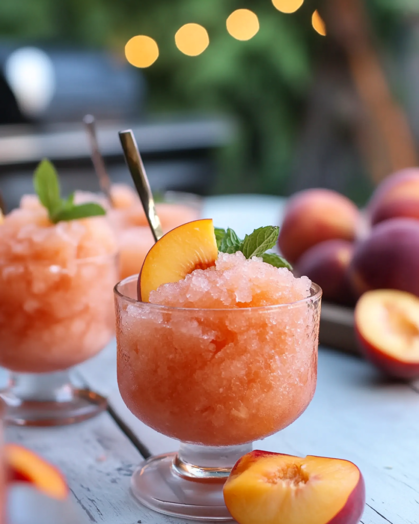 Scraping the frozen peach and rosé mixture with a fork to create the granita texture.