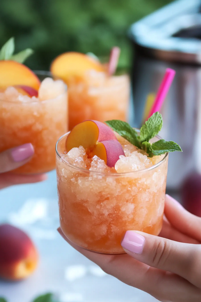 Someone enjoying a scoop of Peach Rosé Granita on a sunny day.