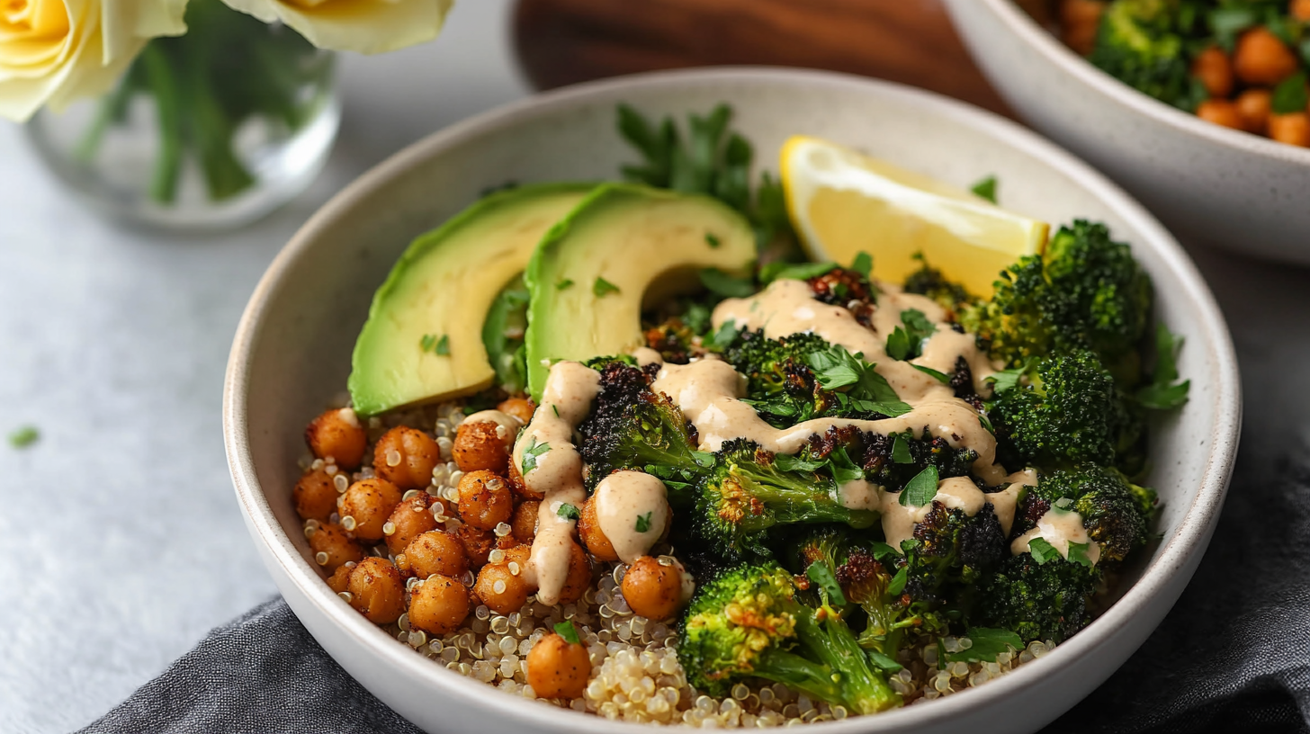 A vibrant Crispy Quinoa Chickpea Bowl showing crispy quinoa, roasted broccoli, roasted chickpeas, avocado slices, and tahini dressing.