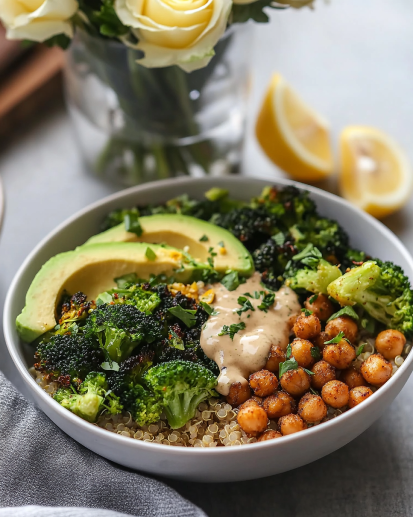 Close-up of the Crispy Quinoa Chickpea Bowl highlighting the different textures and toppings.