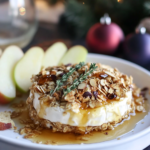Sprinkling the homemade savory granola over the warm, baked Brie.