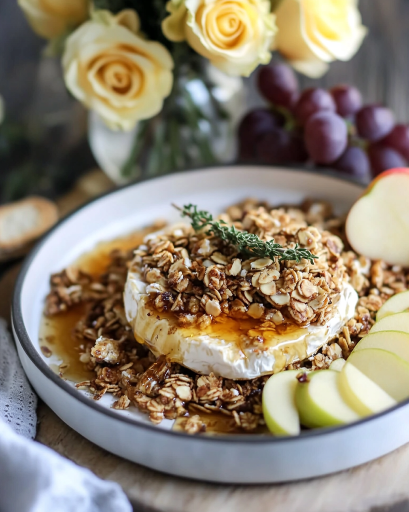  Ingredients for Baked Brie with Savory Granola, including a wheel of Brie, oats, almonds, rosemary, thyme, honey, and brown sugar.