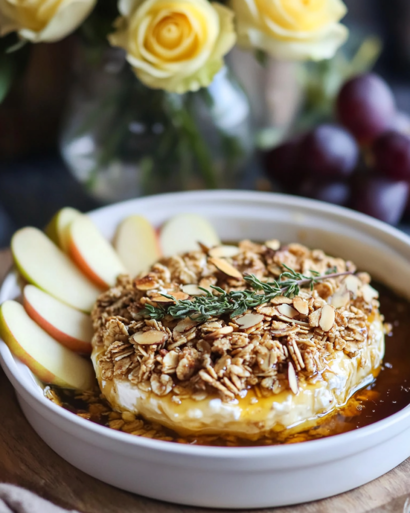 Someone scooping up the melted Baked Brie and granola with a cracker or piece of baguette.