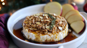 A gooey, golden Baked Brie topped with crunchy honey rosemary thyme granola, possibly with crackers and fruit around it.
