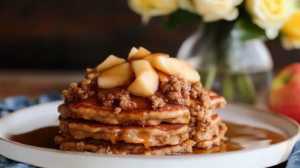 A stack of fluffy Apple Crisp Pancakes topped with maple apple compote, oat streusel, and maple syrup.