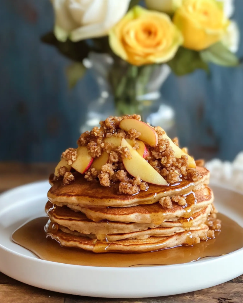 Cooking the apple compote with cinnamon and maple syrup in a skillet for Apple Crisp Pancakes.