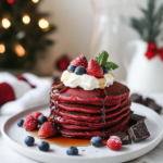 Ingredients for Red Velvet Pancakes, including flour, cocoa/chocolate, red food coloring, buttermilk substitute components, mascarpone, and berries.
