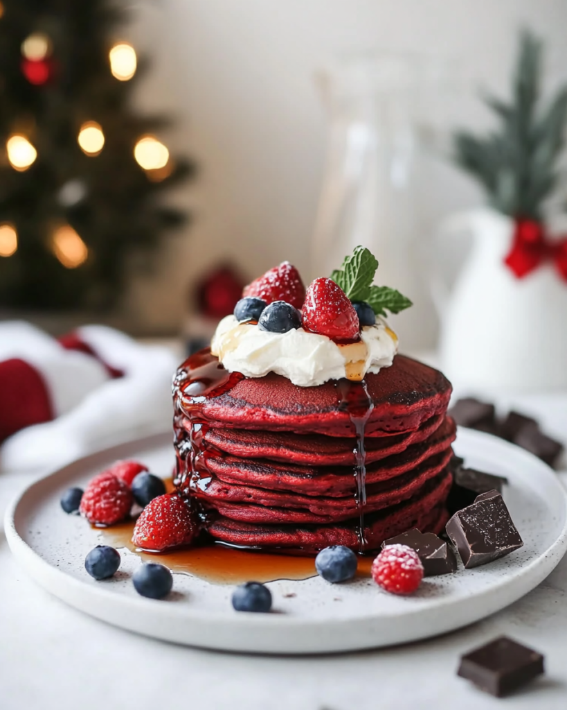 Ingredients for Red Velvet Pancakes, including flour, cocoa/chocolate, red food coloring, buttermilk substitute components, mascarpone, and berries.