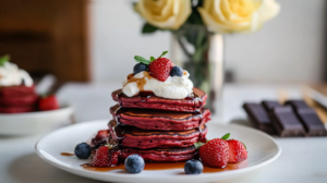 A stack of vibrant Red Velvet Pancakes topped with white mascarpone whipped cream and fresh berries.
