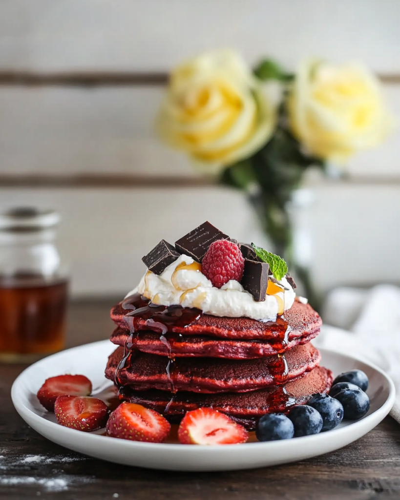 A close-up of Red Velvet Pancakes showing the fluffy texture, mascarpone cream, and berry topping. Sources and related content