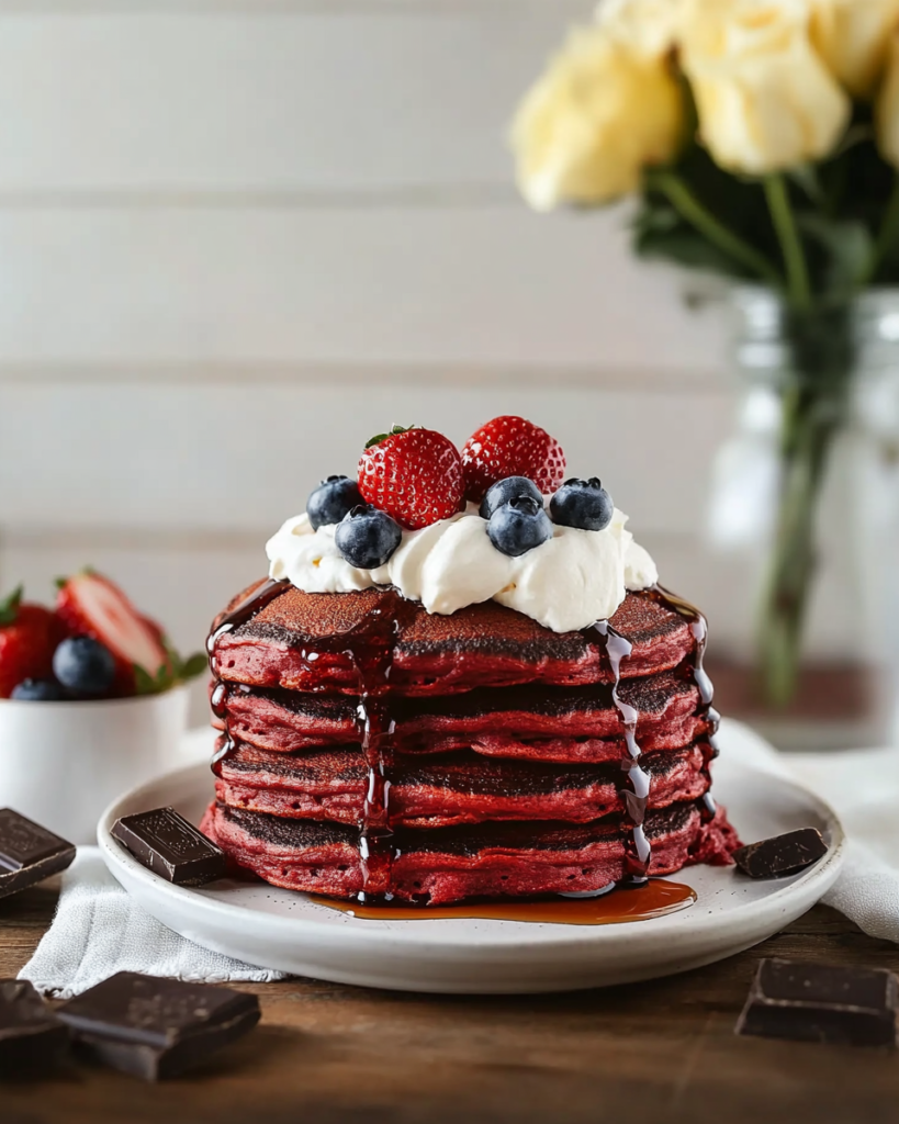 Pouring the red pancake batter onto a hot griddle to cook Red Velvet Pancakes.