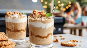 A warm Peanut Butter Cookie Latte in a cozy mug, topped with frothed milk and cookie crumbles, with a flourless peanut butter cookie on the saucer.