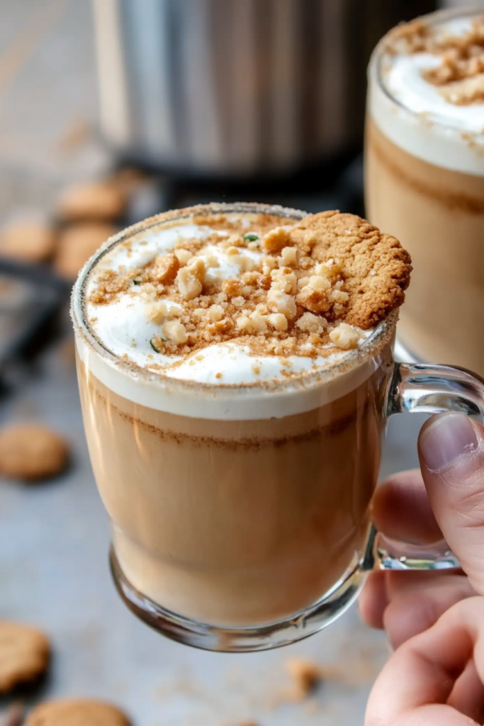 A close-up of the Peanut Butter Cookie Latte showcasing the creamy texture, frothed milk, and cookie crumble topping.