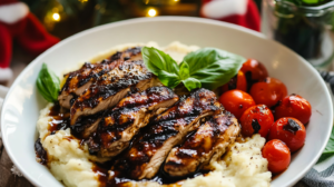 A plate featuring sliced Balsamic Grilled Chicken, a scoop of basil mashed potatoes, and roasted cherry tomatoes, drizzled with balsamic glaze.