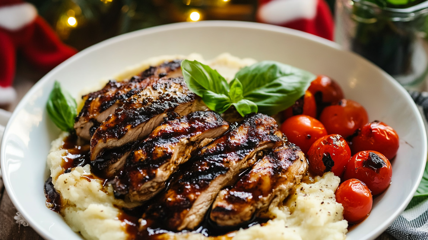 A plate featuring sliced Balsamic Grilled Chicken, a scoop of basil mashed potatoes, and roasted cherry tomatoes, drizzled with balsamic glaze.