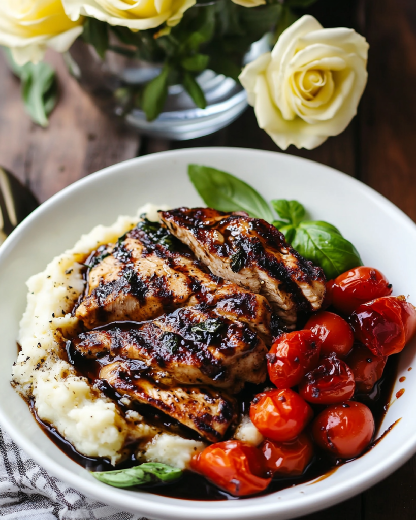 Ingredients for Balsamic Grilled Chicken meal, including chicken breasts, balsamic vinegar, potatoes, basil, tomatoes, garlic, and herbs.