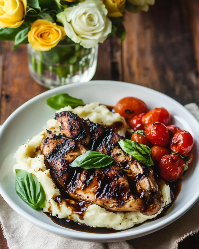 A close-up of the sliced Balsamic Grilled Chicken showing juicy interior and grill marks, alongside creamy mashed potatoes.