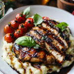 Grilling the balsamic marinated chicken breasts on a grill pan or outdoor grill.