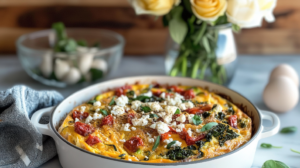 A slice of Mediterranean Sweet Potato Frittata on a plate, showing sweet potatoes, kale, feta, and eggs.