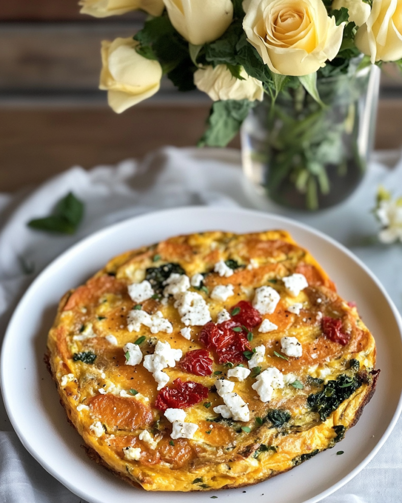 The whole baked Mediterranean Sweet Potato Frittata in its dish, garnished with fresh herbs.