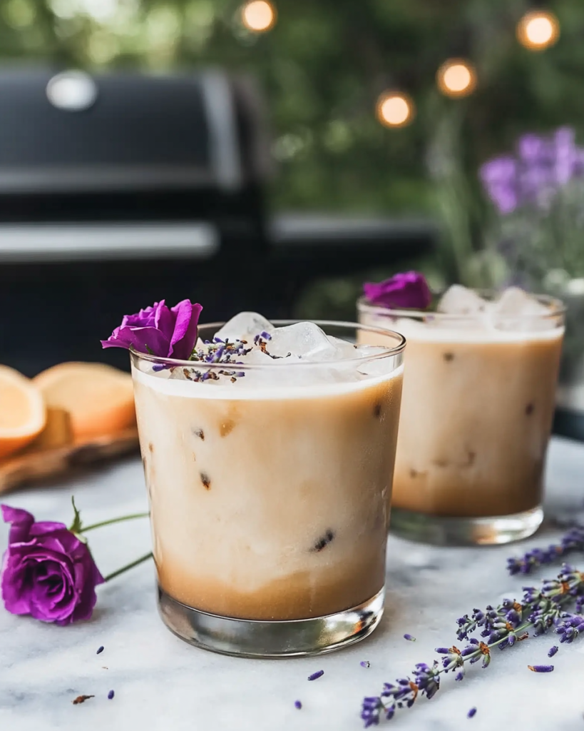 Ingredients for Rose Lavender Iced Latte, including dried lavender, dried rosebuds, honey, espresso, and milk.