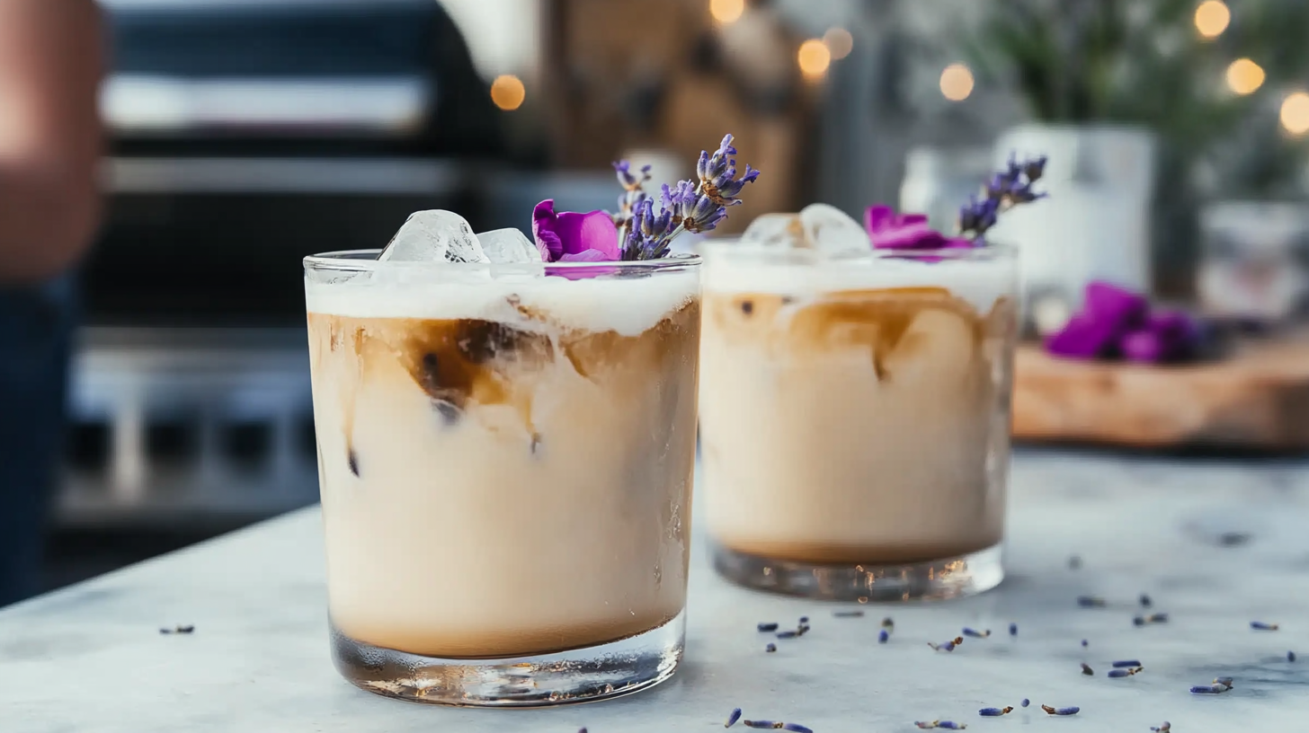 A tall glass of Rose Lavender Iced Latte with ice, showing layers or swirls, garnished with rose petals or lavender.