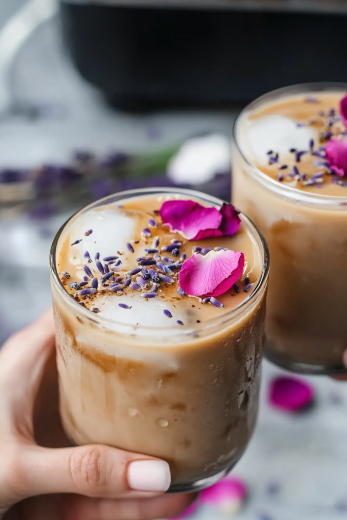 Pouring milk over espresso and syrup in an ice-filled glass to make the Rose Lavender Iced Latte.