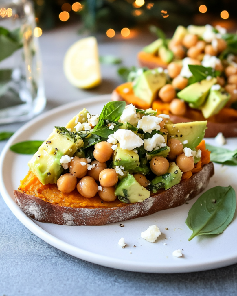 Assembling the Sweet Potato Toast by layering avocado and chickpea salad onto baked sweet potato slices.