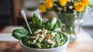 A vibrant green bowl of Spinach Walnut Pesto (Basil & Hemp!), possibly with a spoon or dippers nearby.