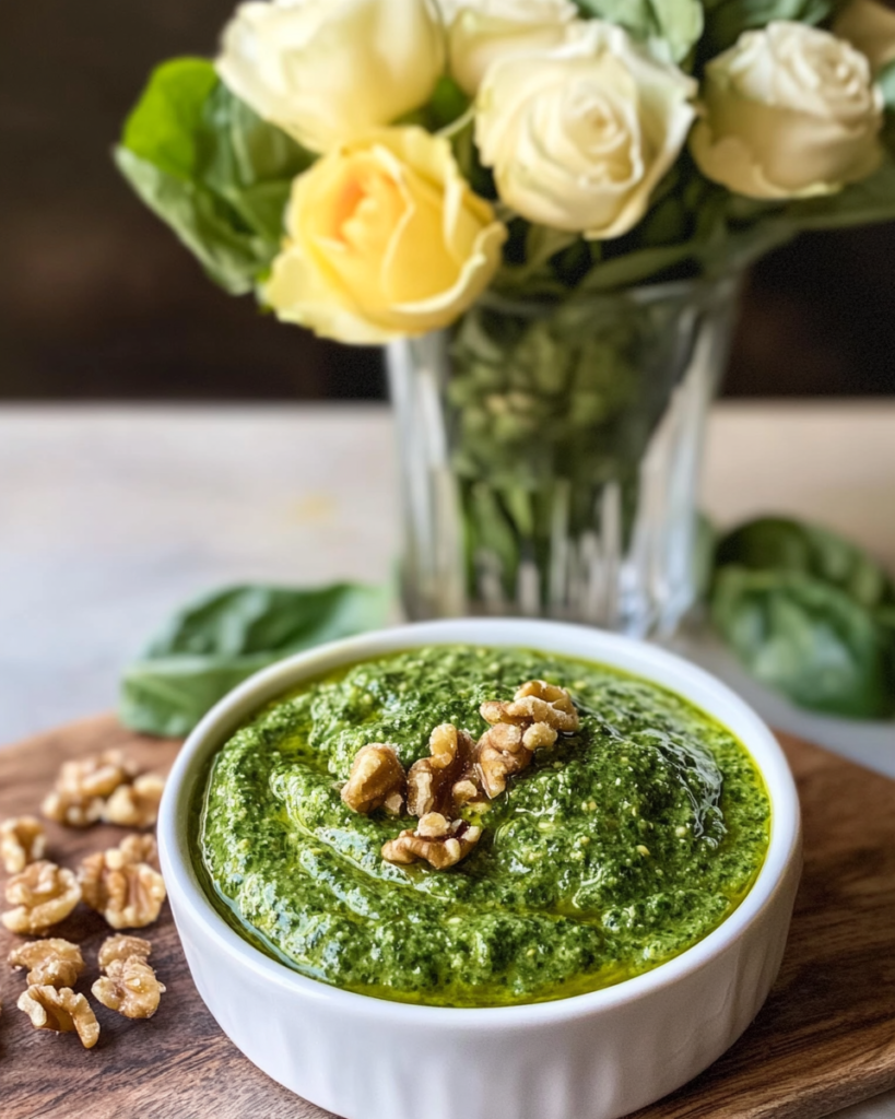Ingredients for Spinach Walnut Pesto, including fresh spinach, basil, parsley, walnuts, hemp seeds, garlic, lemon, and olive oil.
