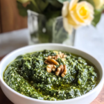 Blending the ingredients for Spinach Walnut Pesto in a food processor.