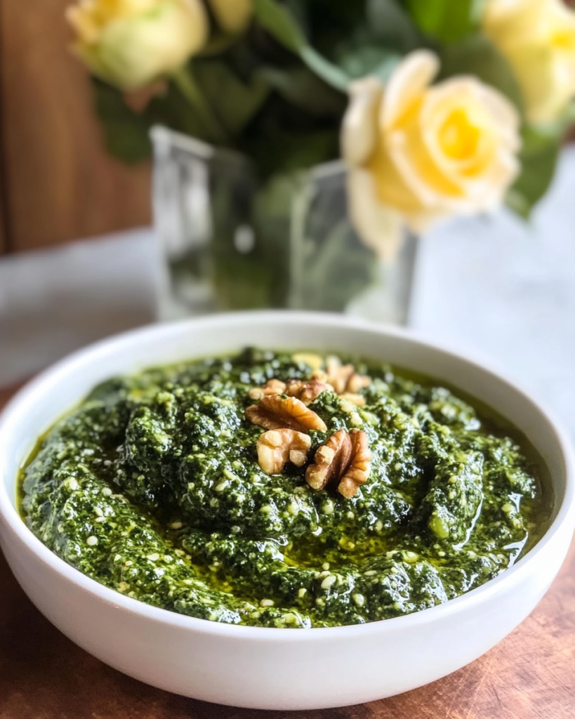 Blending the ingredients for Spinach Walnut Pesto in a food processor.