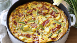 A golden-brown Leek Bacon Potato Frittata in a cast iron skillet, sliced to show the inside.